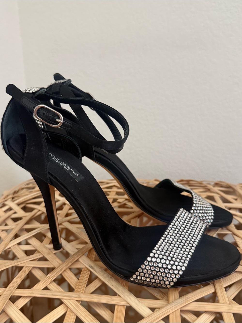 DOLCE&GABBANA Crystal rhinestone embellished silk satin stiletto sandals glam